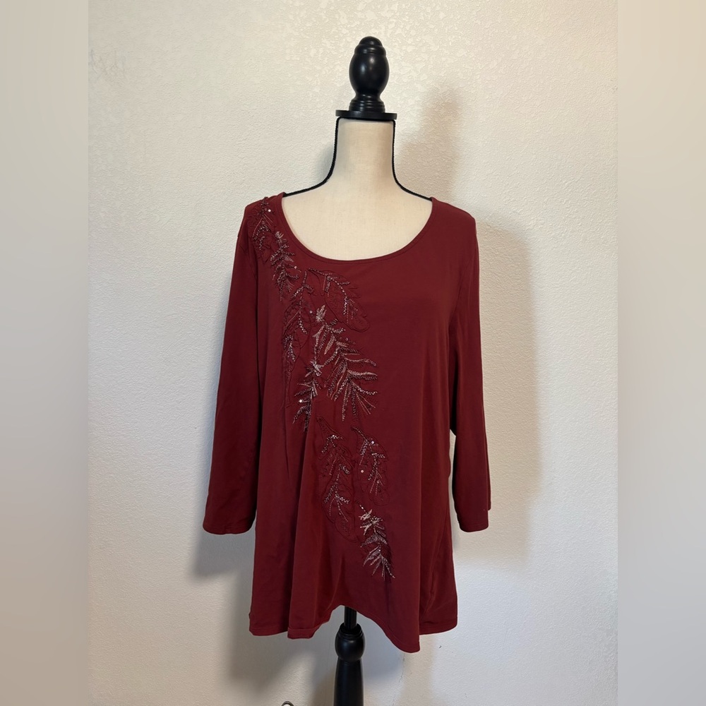 Coldwater Creek Women's Beaded Sequin Maroon Blouse